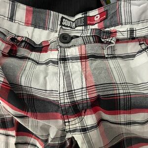 South Pole Boy’s Red, Black & White Plaid Flat Front Shorts